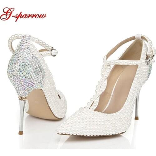 Bride Shoes Pointed Toe Fashion Wedding Party High Heels T-straps Buckle Strap Rhinestone Metal Heel Girl Birthday Gift Big size