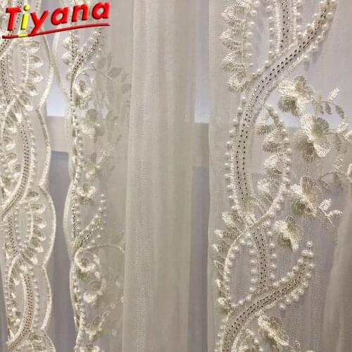 Side Beads Embroidered Tulle Curtains for Living Room Light Luxury Pearls White Sheer Volie for Balcony HM905 #VT
