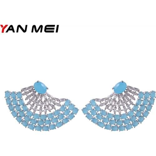YAN MEI Top Design Blue Stones Geometric Cubic Zirconia Stud Earrings for Woman Accessories GLE6372Y