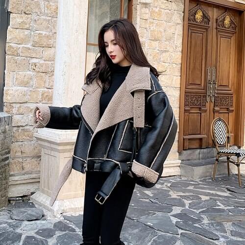 2020 New Winter Womens Thick Artificial Motorcycle Jacket Female Turn-down Collar Long Sleeve Warm Pu Leather Jacket
