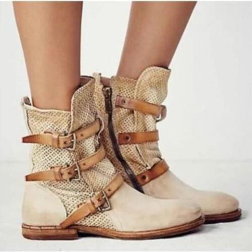 2020 Mid-Calf Boots Chunky Low Heels Round Toe Shoes Woman Chaussure Zapatos Mujer Gladiator Vintage PU Zipper Leather Booties