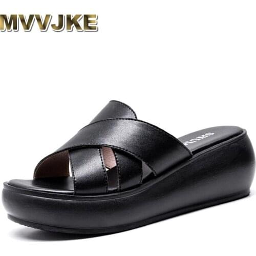 MVVJKE Slippers Woman Platform Genuine Leather Summer Shoes Fashion Wedges Heels Sandals Womens Slides Large Size 40-41