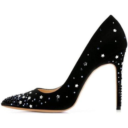 Black Thin High Heels 2019 Spring New star and rhinestone decoration suede shallow mouth pointed toe womens work shoes