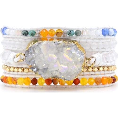 Plating Clear Druzy Pendant 5 Wrap Bracelet White Stone Leather Wrap Bracelet Women Gifts Jewelry Dropshipping