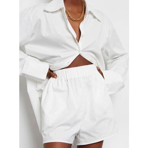 Womens Long Sleeve Shorts Cotton 2 Piece Set Single-Breasted Shirt Tops Elastic Shorts Ladies Suit Female Lounge Wear Sets 2021
