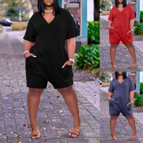 Womens Summer Playsuits Short Pants Casual Loose V-Neck Beach Rompers Sleeveless Bodysuit Sexy Playsuit Plus Size Overalls