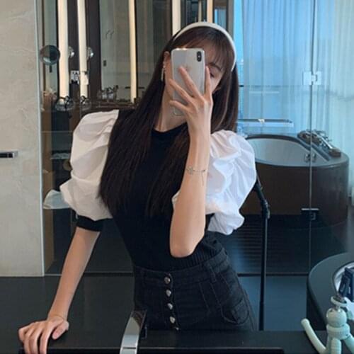 2021 Summer Women Pullover Chic Sweater New Fashion Puff Sleeve Stretch Knit Body Patched Poplin Sleeve Modern Lady Knitted Tops