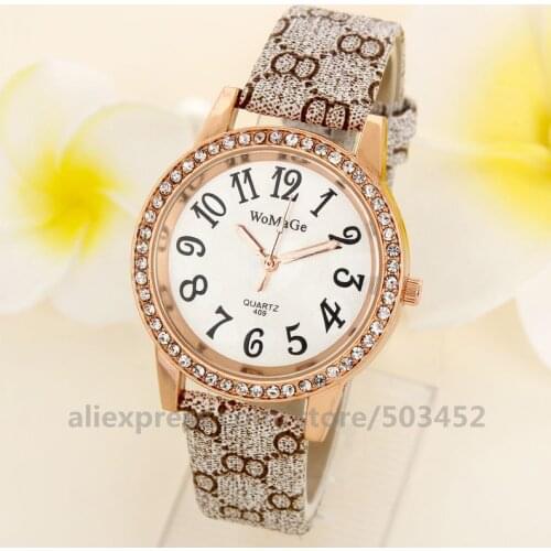 100pcs/lot Womage 409 Women Watch Grace Wristwatch PU Belt Fashion Cute Watches Gifts Zirconia смарт часы женские