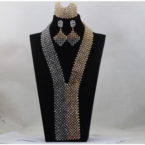 2016 Trendy African Silver/champagne Beads Necklace Jewelry Set Nigerian Party Women Jewelry Set Free Shipping ALJ890