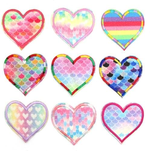 9Pcs Colorful Heart Embroidered Patches Iron on Appliques Rainbow Fish Scale Sequin Patches Thermo Stickers On Clothes DIY