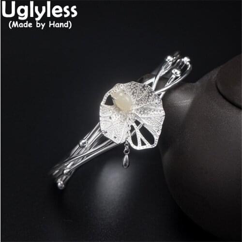 Uglyless Oriental Flavor Elegant Lotus Leaf Bangles Rings for Women Natural Hotan Jade Jewelry Sets Genuine 925 Silver Bijoux