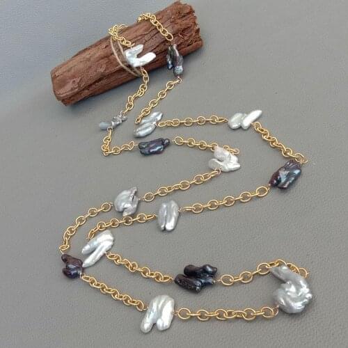 YYGEM 52'' 16x21MM Gray Black Cultured Keshi Pearl Gold color Chain Long Necklace Fashion Jewelry For Women
