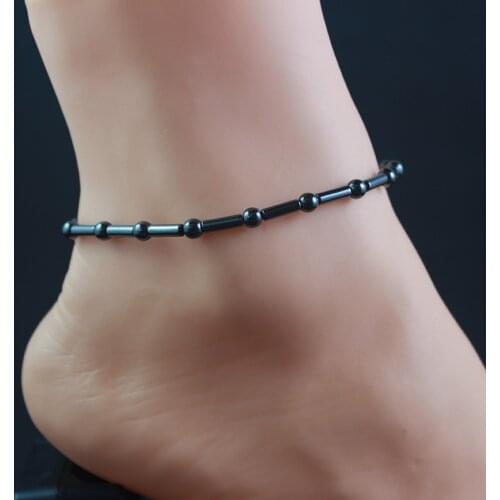 Black Thin Hematite Anklet Magnetic Round Beads Anklet Handmade Jewelry for Women Foot Chain Beach Jewelry