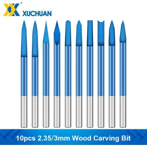 Milling Cutter 10pcs 2.35/3mm Shank Wood Carving Bit Nano Blue Coated Wood Engraving Drill Bit Woodworking Drilling Tools
