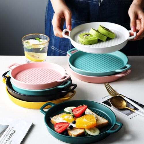 Ceramic Round Binaural Western Food Steak Pizza Chicken Wings Baking Dish Cheese Baked Rice Microwave Oven Special Dinner Plate