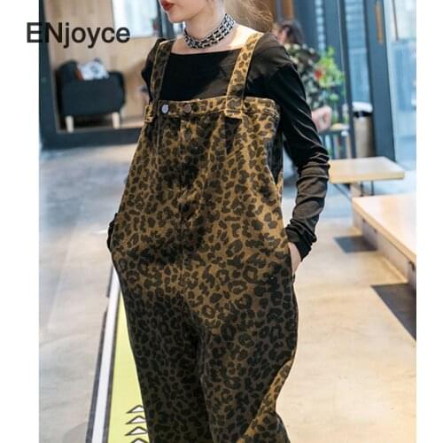 Vintage Leopard Adjustable Strap Jeans Jumpsuit Women Japan Style Casual Loose Denim Cargo Playsuit Suspender Jump Suits