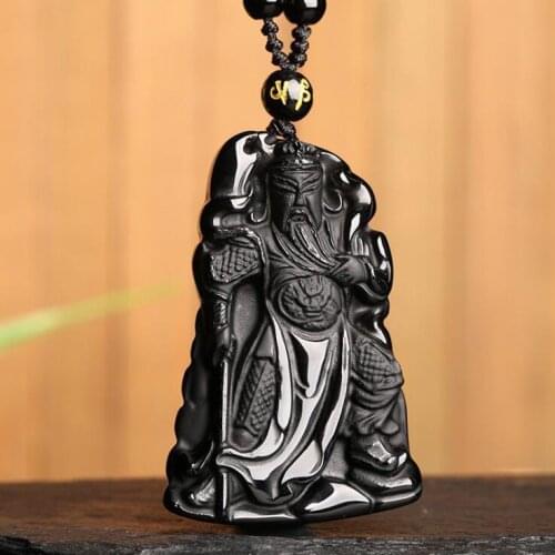 Koraba Fine Jewelry China 100% Natural Obsidian Jade Guan Gong Guan Yu Pendant Necklace Amulet Free Shipping