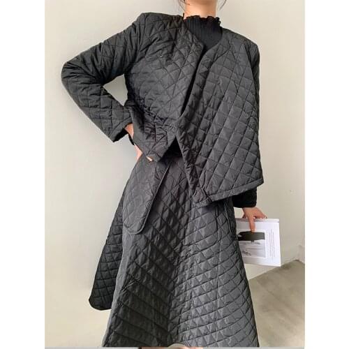 Korea Black/Beige Stitched Cotton Padded Asymmetric Puff Oversized Slanting Lapel Jacket/A-Line Unbrella Midi Skirt 2 Piece Sets