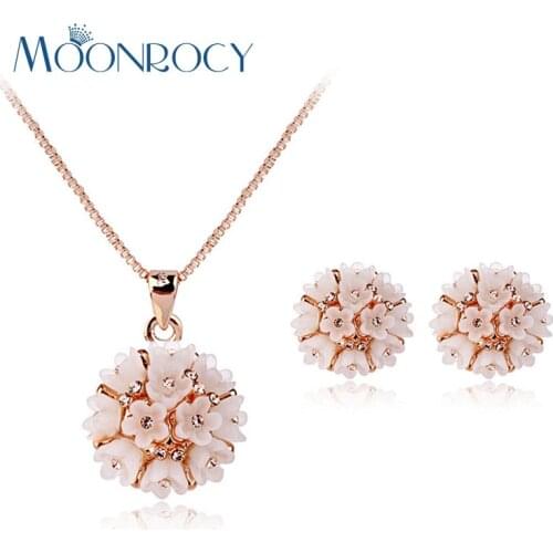MOONROCY Rose Gold Color Flower CZ Crystal Necklace and Earrings Jewelry Set Gift New Drop Shipping Fashion Jewelry Wholesale