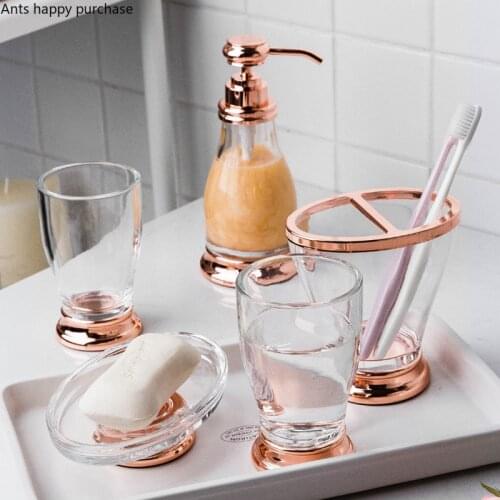Metallic Glass Bathroom 5-piece Set Toiletries Wash Set Bathroom Supplies Lotion Bottle Mouth Cup Toothbrush Holder Soap Dish