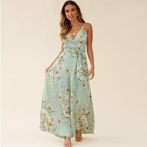 2021 New Spring Summer Floral Casual Jumpsuit Womens Oversized Suspenders Beach High Waist Lace Up Jumpsuit For Fashionable