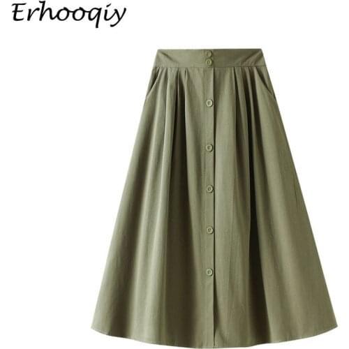 Solid Color High Waist A-line Skirt Female Spring Summer Casual Single-breasted Skirt Women Korean Style Midi Long Pleated Skirt