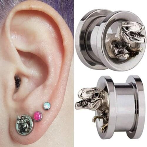 PAIR Dinosaur Ear Plugs Tunnels Screw Fit Earring Piercing Ring Staninless Steel Ear Gauges Expander Stretchers Hellow Plugs