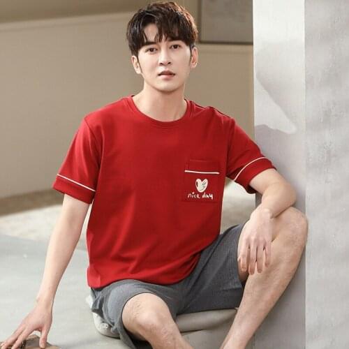 2021 Summer Men Night Suit Cotton Pajamas Sets Short Sleeved Shorts Two Pieces Set Mens Sleepwear Loose Loungewear Home Clothes