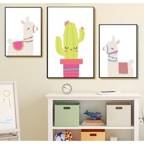 Nursery Print Cartoon Llama Cactus Alpaca Wall Art Canvas Painting Picture Nordic Kid Room Posters and Prints Bedroom Decor