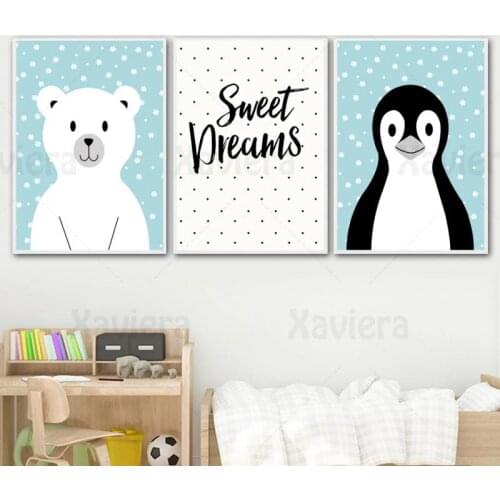 Simple Nursery Decor Poster Cartoon Polar Bear Penguin Sweet Dream Quotes Canvas Painting Cute Animals Print Wall Art Decoration