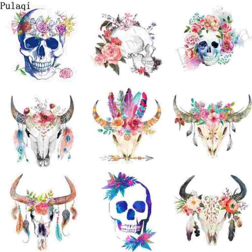 Pulaqi Skull Punk Rock Heat Transfer Vinyl Patches Iron on Transfer for Clothes Stripe Thermo Sticker Iron on Patches Stripe DIY