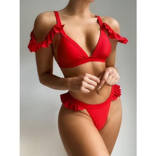 Two-Pieces Women Red 2021 Push-Up Padded Bra Ruffles Bandage Bikini Set Swimsuit Swimwear Bathing Suit Beachwear Biquini