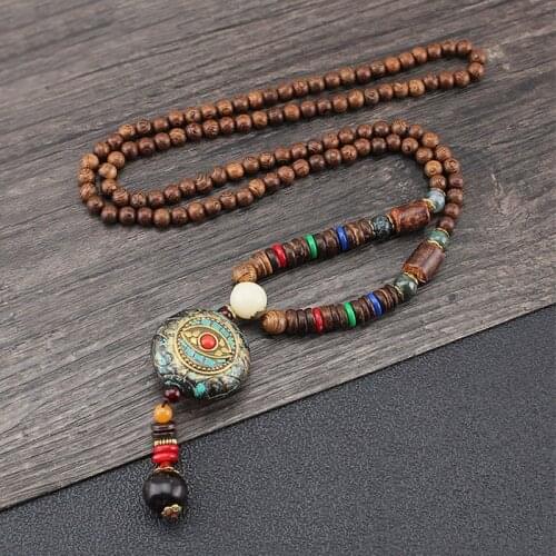 Vintage Handmade Long Wood Beads Necklace Men Nepal Boho Ethnic Round Eye Pendants Statement Jewelry for Women Gifts Wholesale