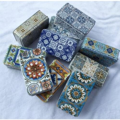 Vintage Blue-and-White Pattern Metal Lip Perfume Storage Box Organizer for Money Coin Candy Keys Reusable Tin Empty Case