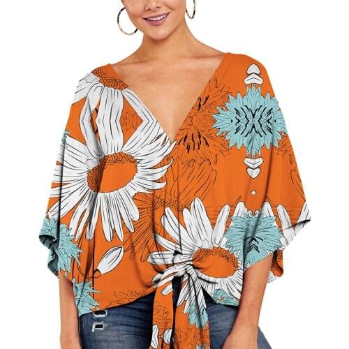 2021 Summer Fashions Elegant Blouses Women V-neck 3/4 Sleeve Floral Printed Loose Office Streetwear Tops For Female