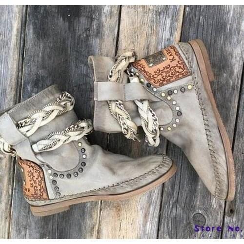 2020 New Women Ankle Boots Warm Flats Shoes Autumn Vintage PU Leather Rivets Gladiator Booties Woman Boots Mujer Zapatos