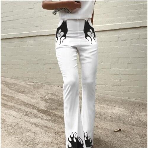 2021 Casual Panelled Flame Print High Waist Long Flare Pant Women Summer bottoms harajuku Slim Fitness Long Trousers Pocket