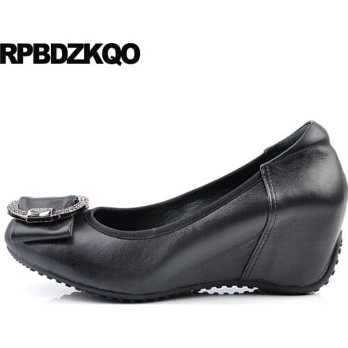 Wedge rhinestone medium heels diamond increase crystal black work shoes women leather hidden size 33 bow round toe designer 4 34