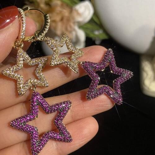 Hyperbole Style New Luxury Sterling Silver Earrings Purple Red CZ Diamond Five-pointed Star Charms Drop Earrings For Women