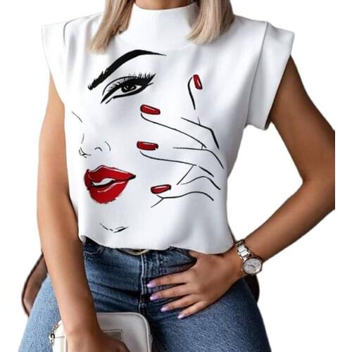 Womens Elegant Lips Print Top Shirt Summer Casual Stand Collar Pullover Top Fashion Simple Cute Eyes Short Sleeve Ropa Mujer