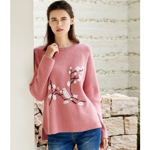 ZHILI 2018 New Autumn Wintre O-Neck Embroidered Plum Blossom Cashmere Sweater