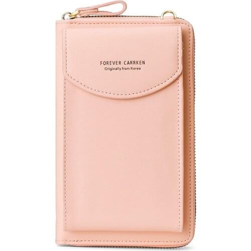 CarrKen Womens Korean Wallet Pure Color Diagonal Bag Multi-Function Mobile Phone Bag Long Clutch (Pink)