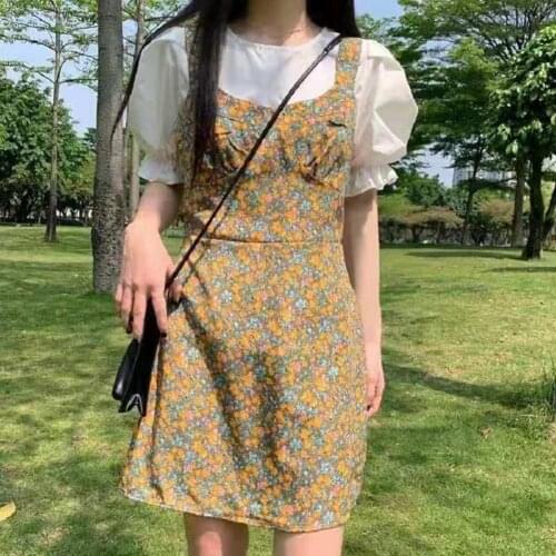 Summer Two Piece Set Women Dress Plus Size Sweet Summer Slim T-shirt Floral Dress Set Floral Waisted Sling Women Dress Sets