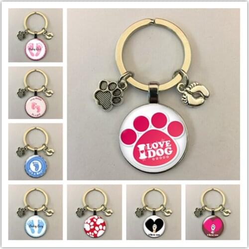 Fashion cute footprint baby keychain glass round photo glass cabochon keychain jewelry gift keychain