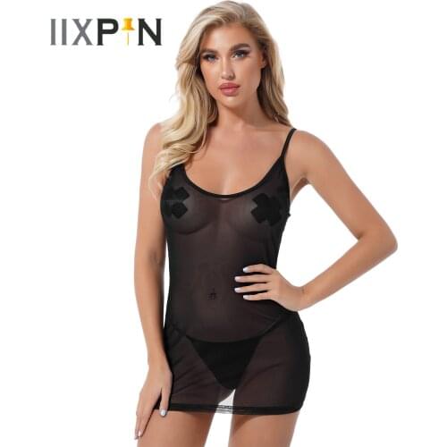 Womens Erotic Dress See-through Mesh U Neck Sexy Dresses Adjustable Spaghetti Straps Sleeveless Dress Beach Bikini Cover Ups