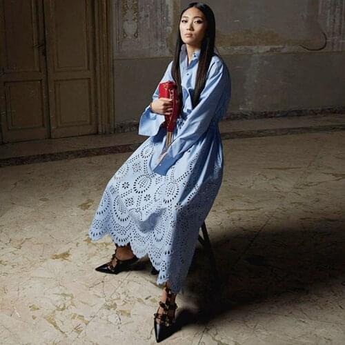 Runway Designers Vintage Blue Cotton Embroidery Dresses for Women 2021 Long Sleeve Midi Dress Female Autumn Clothes