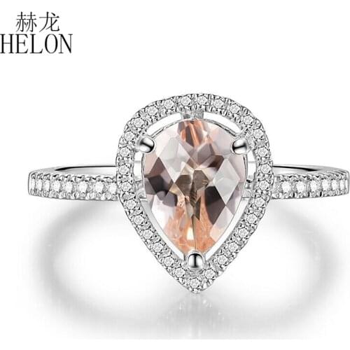 HELON Solid 14K White Gold AU585 Natural Diamonds Women Trendy Fine Jewelry Gemstone Ring Genuine Morganite Pear Shape 8x6mm