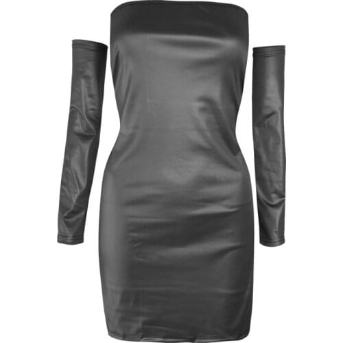 Woman Dress Party One Word Neck Sexy Bag Hip Black Matte Faux Leather Comfortable