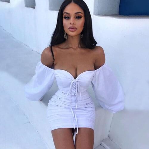 White Dress Women 2021 Summer Sexy Lace Up Off Shoulder Long Sleeve Mini Backless Party Dresses Pleated Bodycon Vestidos Robe
