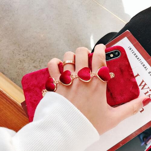 Winter Warm Velvet Case For iPhone 11 Pro Max X XS XR 6 7 8 Plus 12 Case For Women Ladies Love Heart Bracelet Chain Soft Cover